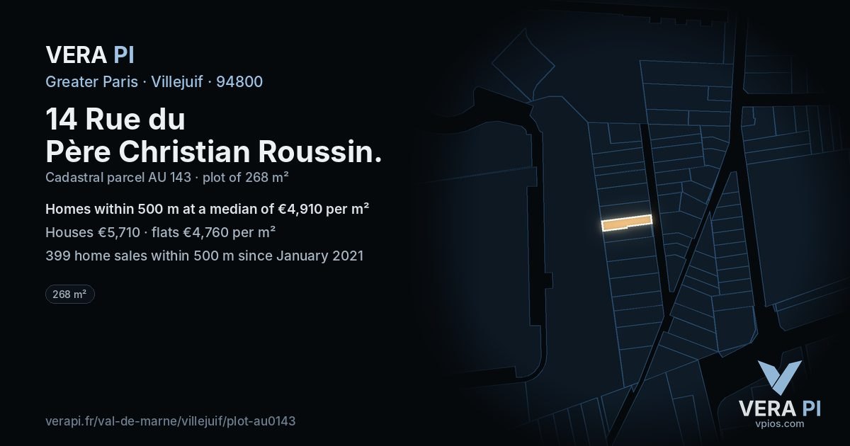 14 Rue du Père Christian Roussin, Villejuif at night – the plot lit, the parcels around coloured by the prices near them