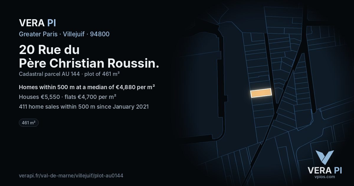 20 Rue du Père Christian Roussin, Villejuif at night – the plot lit, the parcels around coloured by the prices near them