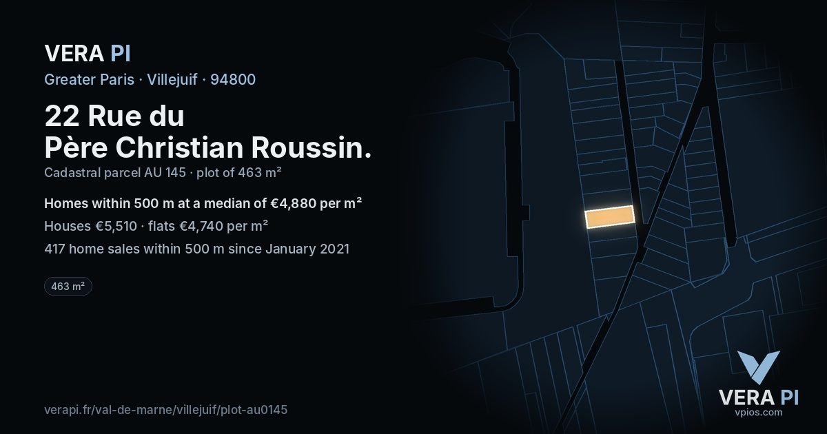 22 Rue du Père Christian Roussin, Villejuif at night – the plot lit, the parcels around coloured by the prices near them