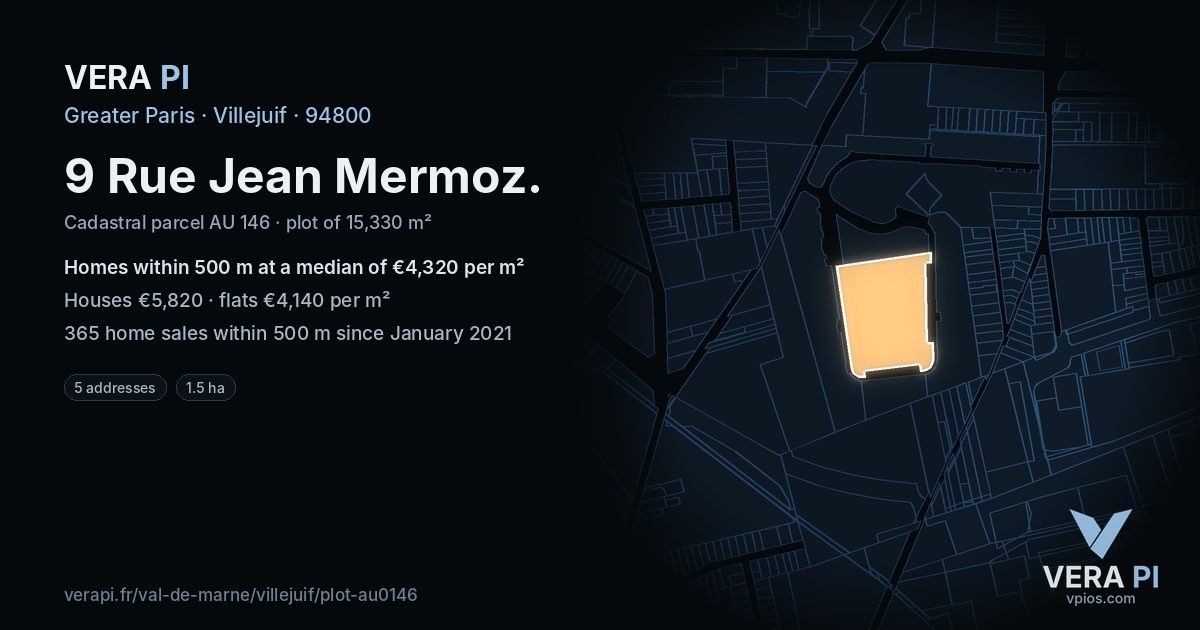 9 Rue Jean Mermoz, Villejuif at night – the plot lit, the parcels around coloured by the prices near them