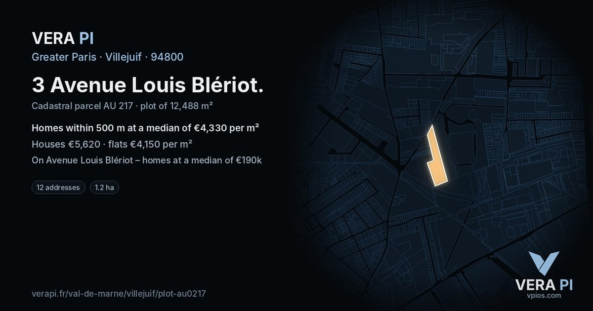 3 Avenue Louis Blériot, Villejuif at night – the plot lit, the parcels around coloured by the prices near them