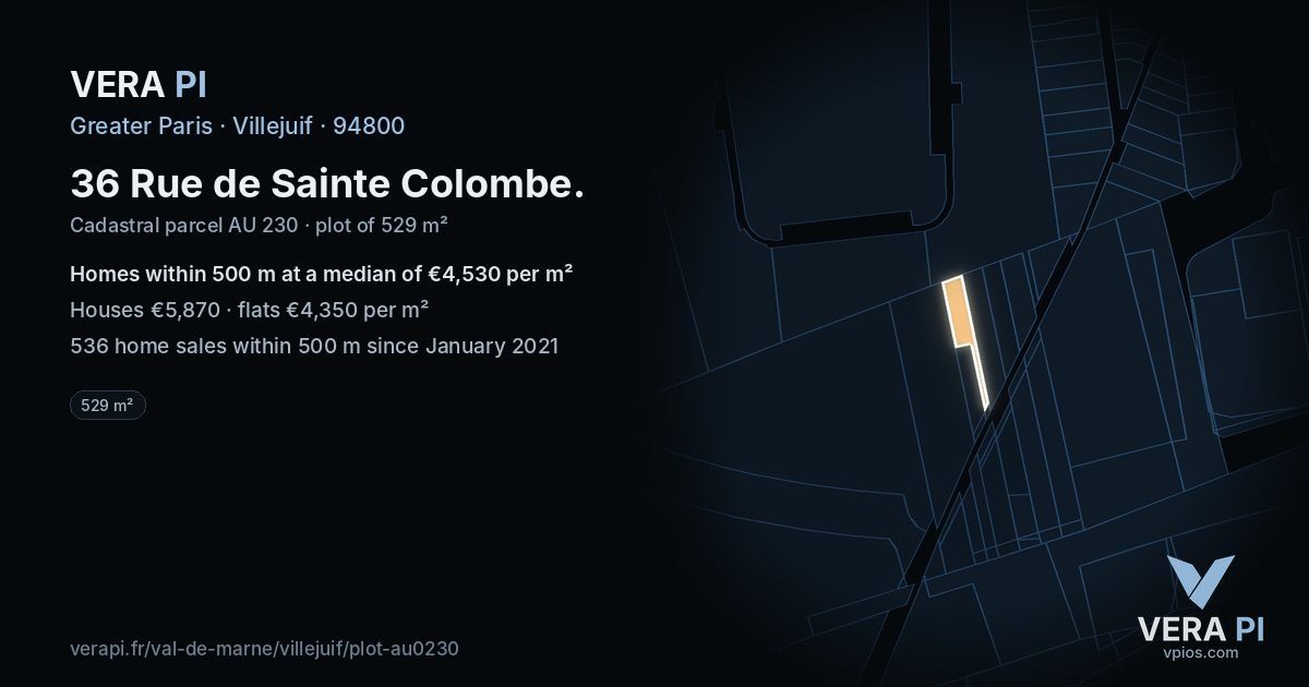 36 Rue de Sainte Colombe, Villejuif at night – the plot lit, the parcels around coloured by the prices near them