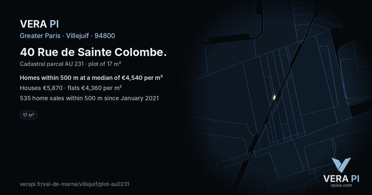 40 Rue de Sainte Colombe, Villejuif at night – the plot lit, the parcels around coloured by the prices near them