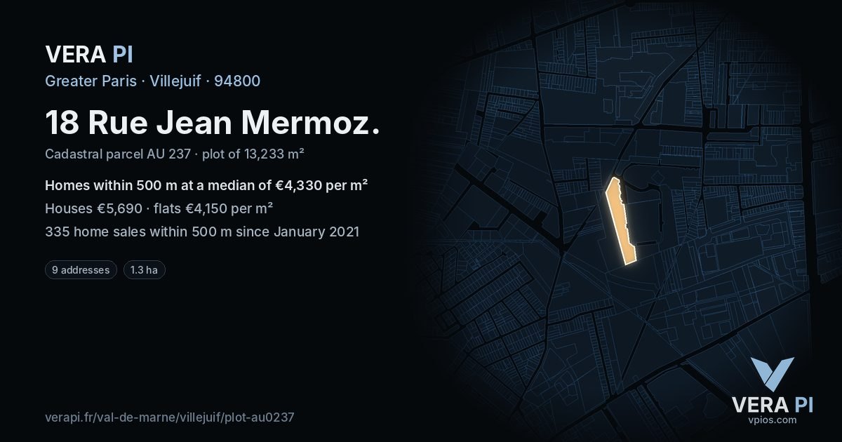 18 Rue Jean Mermoz, Villejuif at night – the plot lit, the parcels around coloured by the prices near them