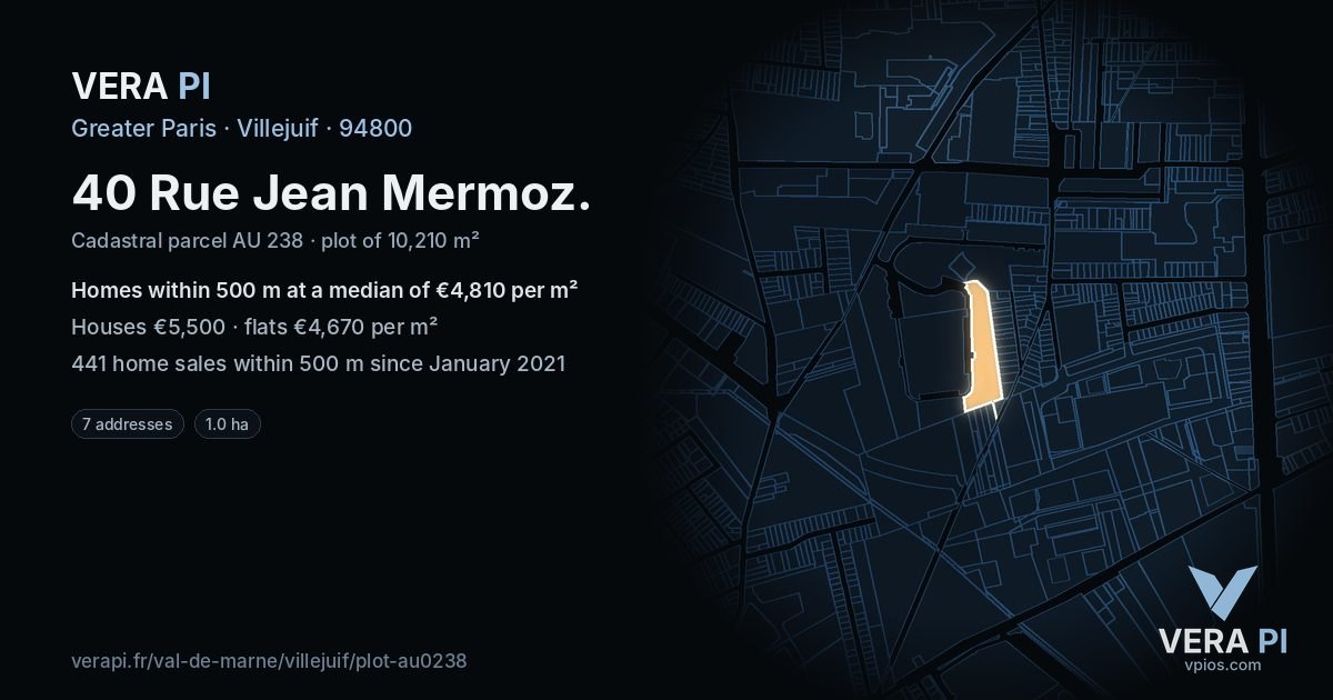 40 Rue Jean Mermoz, Villejuif at night – the plot lit, the parcels around coloured by the prices near them