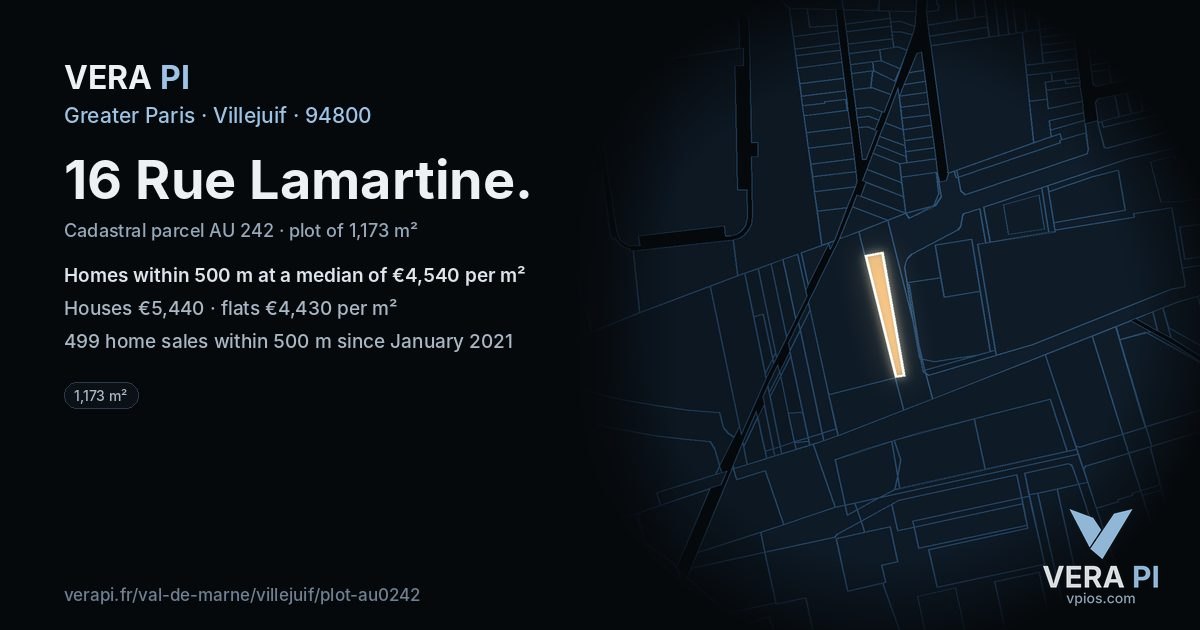 16 Rue Lamartine, Villejuif at night – the plot lit, the parcels around coloured by the prices near them