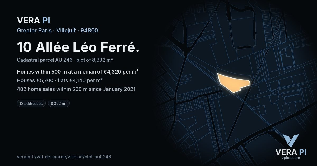 10 Allée Léo Ferré, Villejuif at night – the plot lit, the parcels around coloured by the prices near them