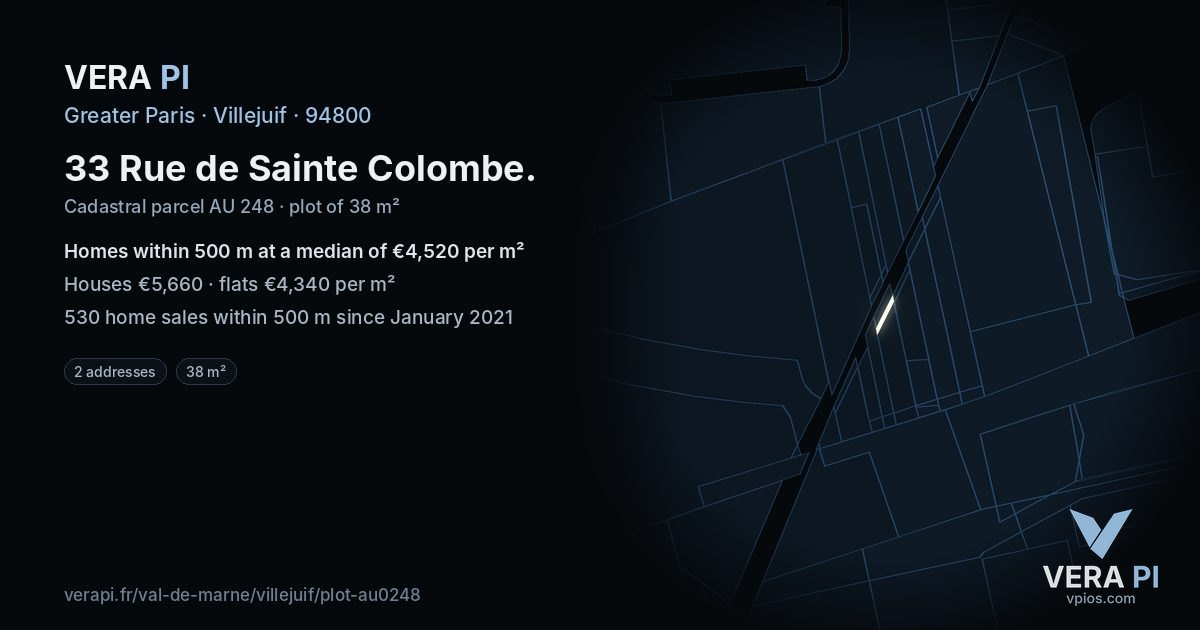 33 Rue de Sainte Colombe, Villejuif at night – the plot lit, the parcels around coloured by the prices near them