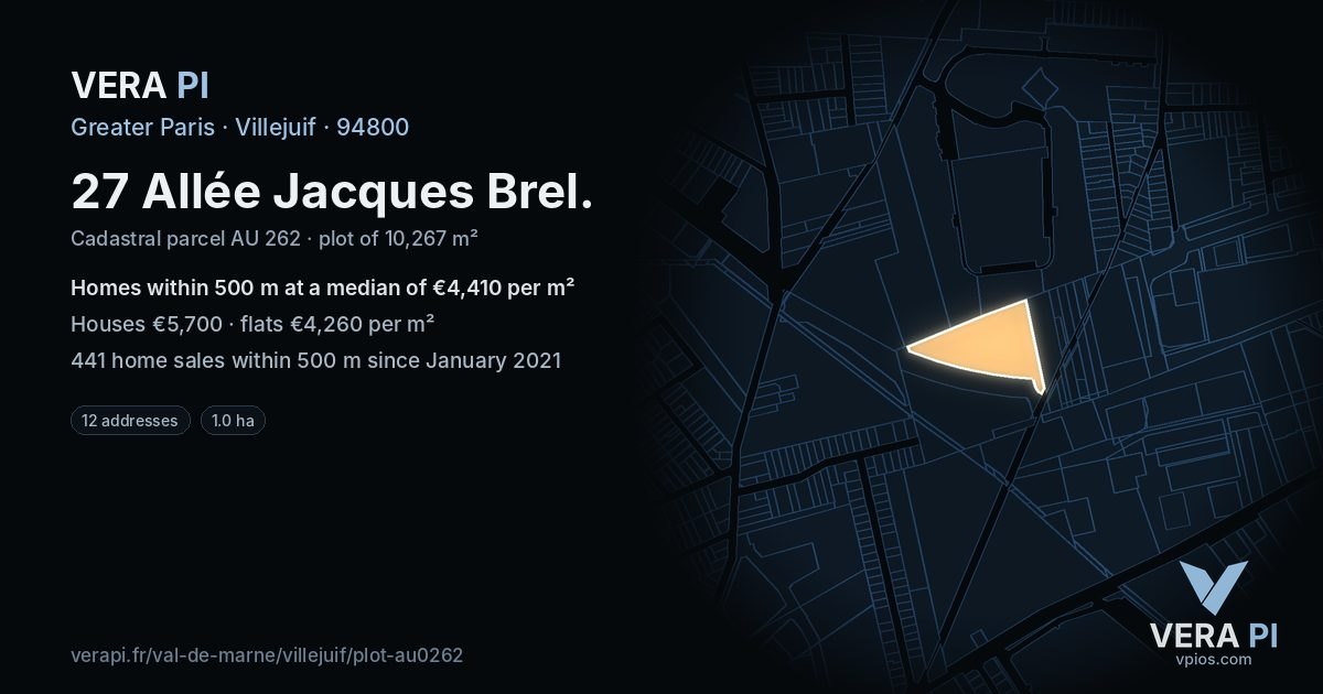 27 Allée Jacques Brel, Villejuif at night – the plot lit, the parcels around coloured by the prices near them