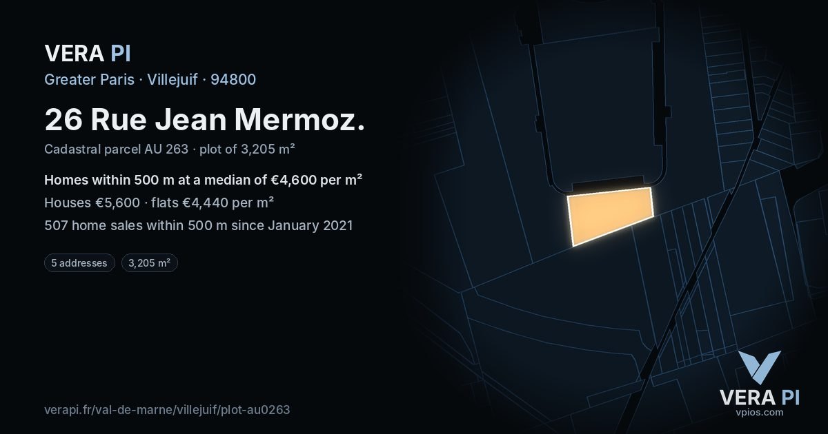 26 Rue Jean Mermoz, Villejuif at night – the plot lit, the parcels around coloured by the prices near them