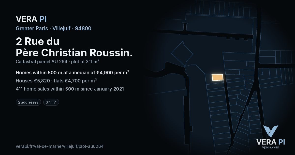 2 Rue du Père Christian Roussin, Villejuif at night – the plot lit, the parcels around coloured by the prices near them