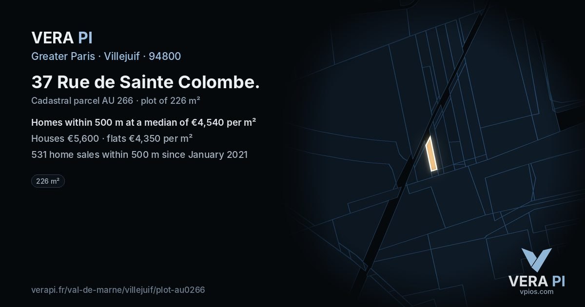 37 Rue de Sainte Colombe, Villejuif at night – the plot lit, the parcels around coloured by the prices near them