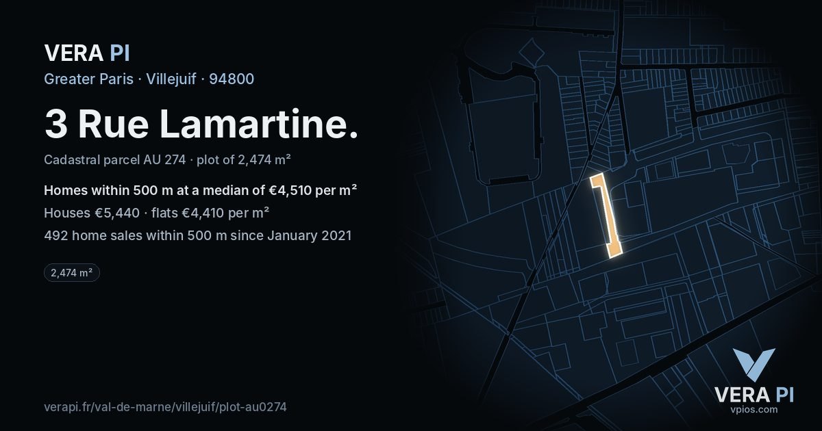3 Rue Lamartine, Villejuif at night – the plot lit, the parcels around coloured by the prices near them