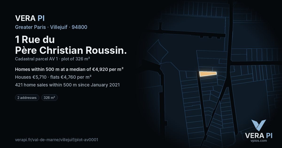 1 Rue du Père Christian Roussin, Villejuif at night – the plot lit, the parcels around coloured by the prices near them