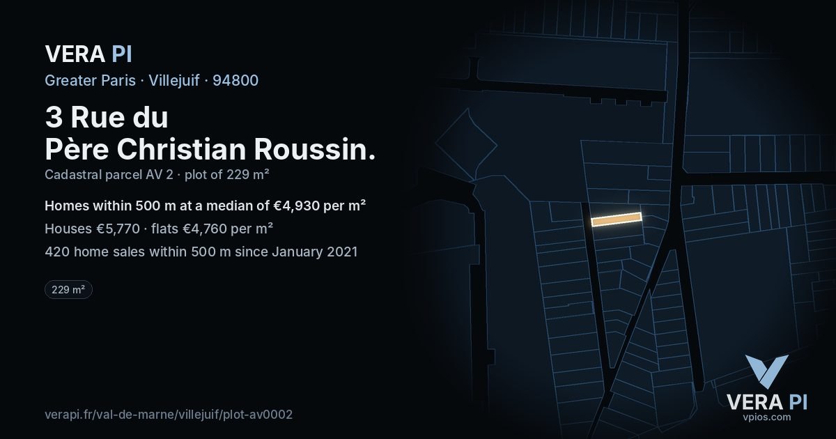 3 Rue du Père Christian Roussin, Villejuif at night – the plot lit, the parcels around coloured by the prices near them