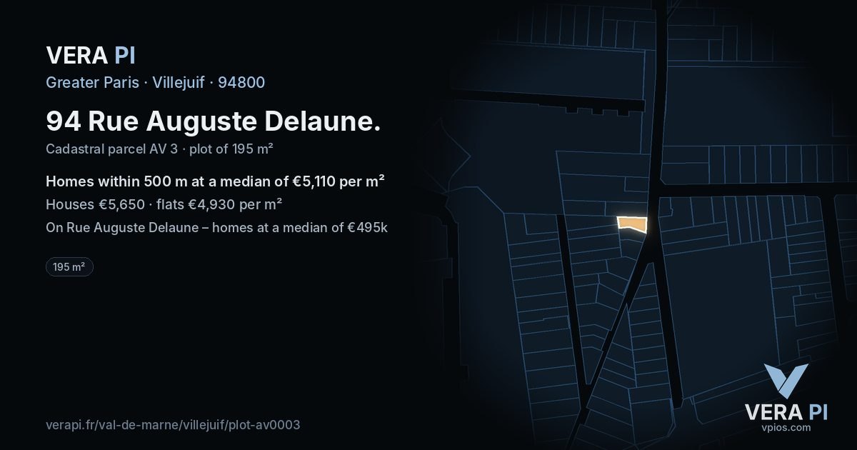 94 Rue Auguste Delaune, Villejuif at night – the plot lit, the parcels around coloured by the prices near them