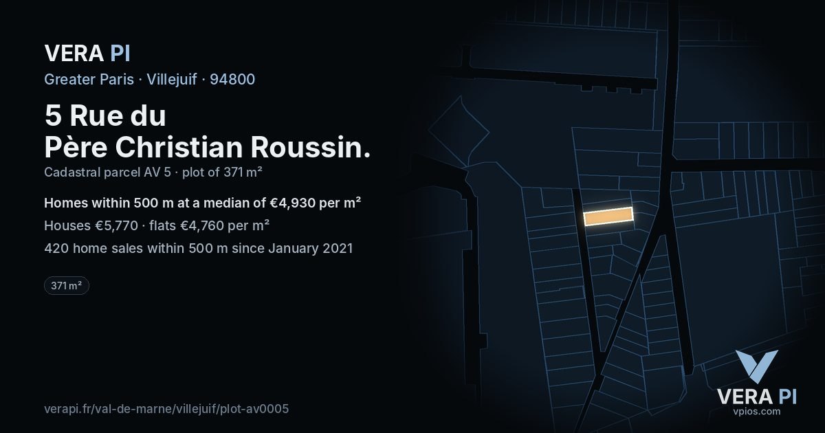 5 Rue du Père Christian Roussin, Villejuif at night – the plot lit, the parcels around coloured by the prices near them