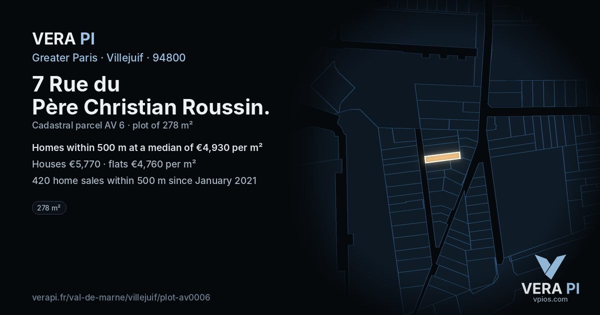 7 Rue du Père Christian Roussin, Villejuif at night – the plot lit, the parcels around coloured by the prices near them