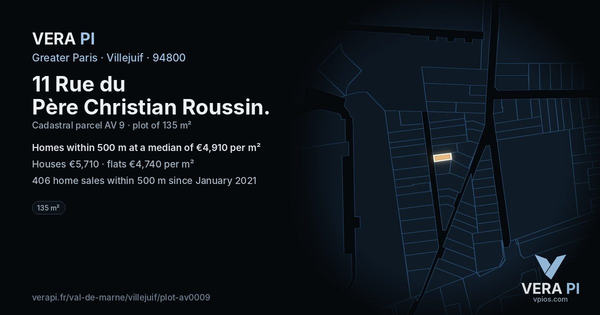 11 Rue du Père Christian Roussin, Villejuif at night – the plot lit, the parcels around coloured by the prices near them
