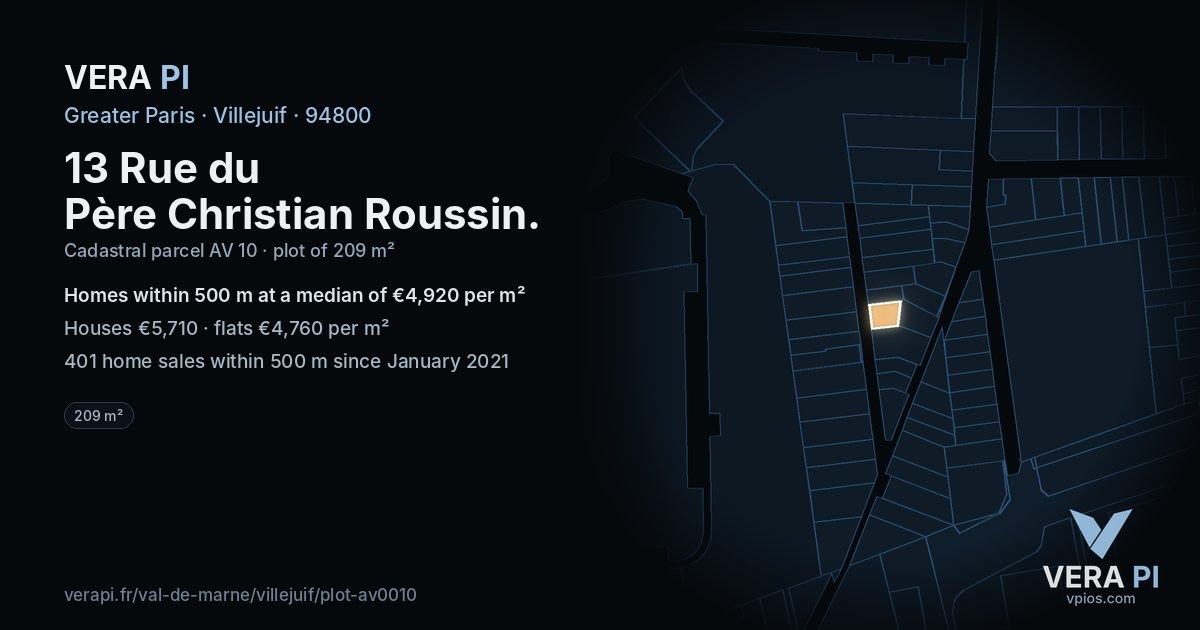 13 Rue du Père Christian Roussin, Villejuif at night – the plot lit, the parcels around coloured by the prices near them