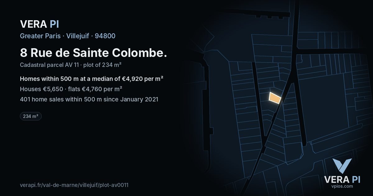 8 Rue de Sainte Colombe, Villejuif at night – the plot lit, the parcels around coloured by the prices near them