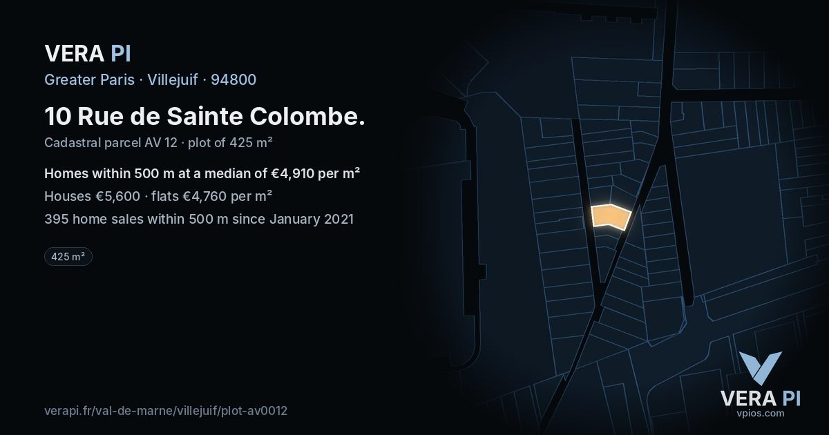 10 Rue de Sainte Colombe, Villejuif at night – the plot lit, the parcels around coloured by the prices near them