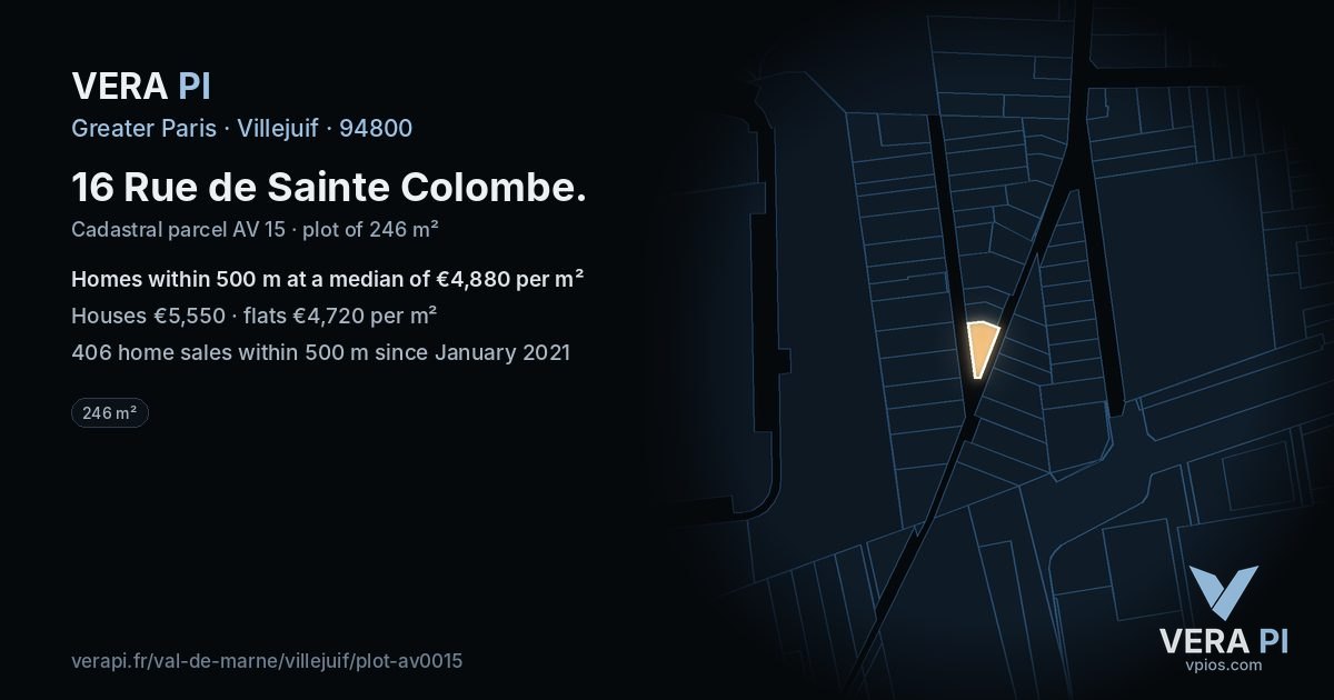 16 Rue de Sainte Colombe, Villejuif at night – the plot lit, the parcels around coloured by the prices near them