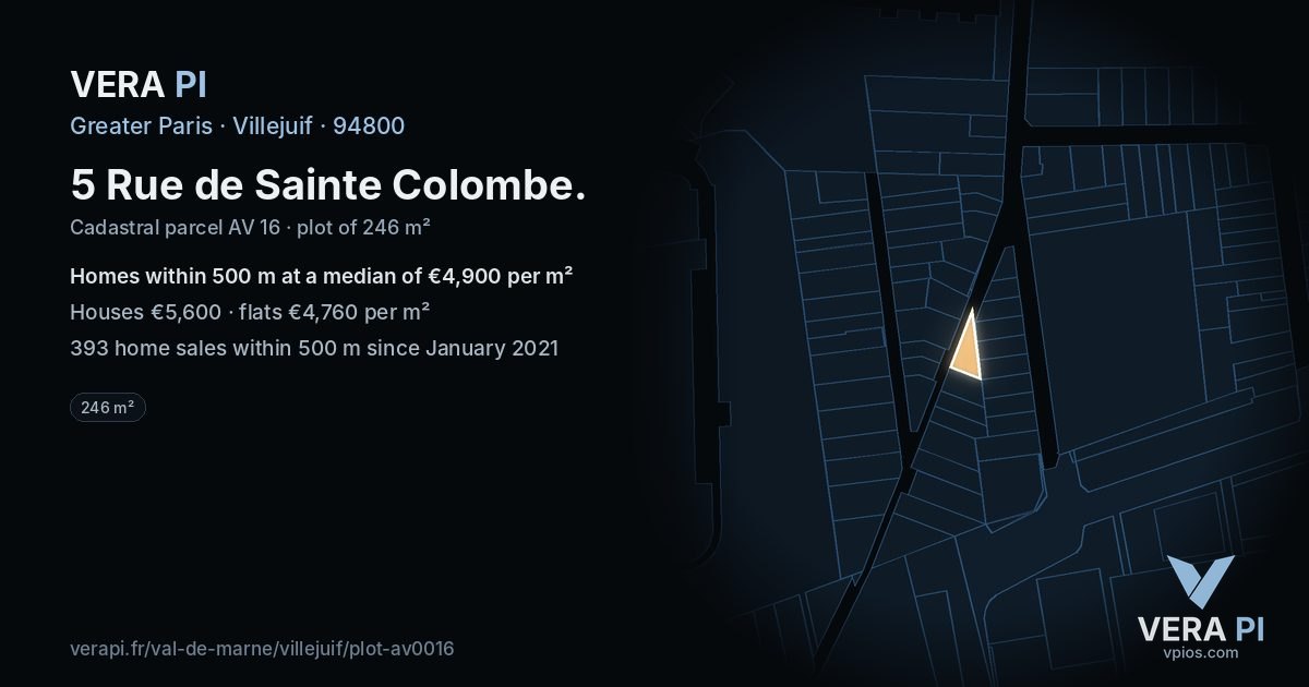 5 Rue de Sainte Colombe, Villejuif at night – the plot lit, the parcels around coloured by the prices near them