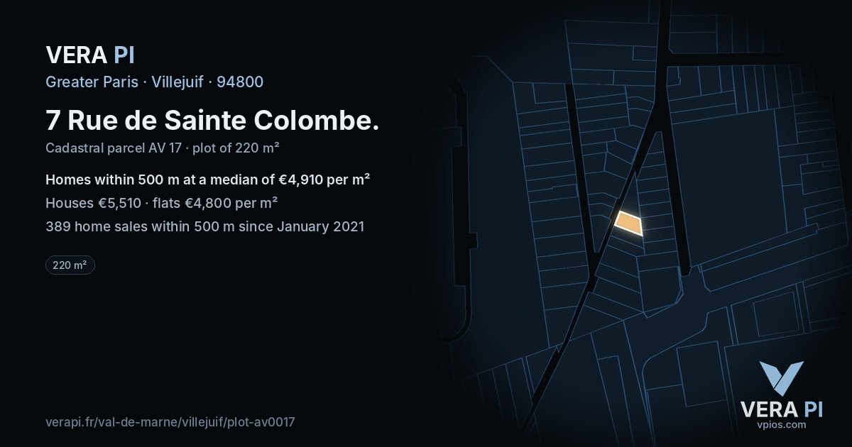 7 Rue de Sainte Colombe, Villejuif at night – the plot lit, the parcels around coloured by the prices near them
