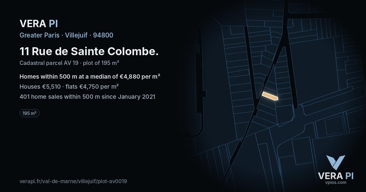 11 Rue de Sainte Colombe, Villejuif at night – the plot lit, the parcels around coloured by the prices near them
