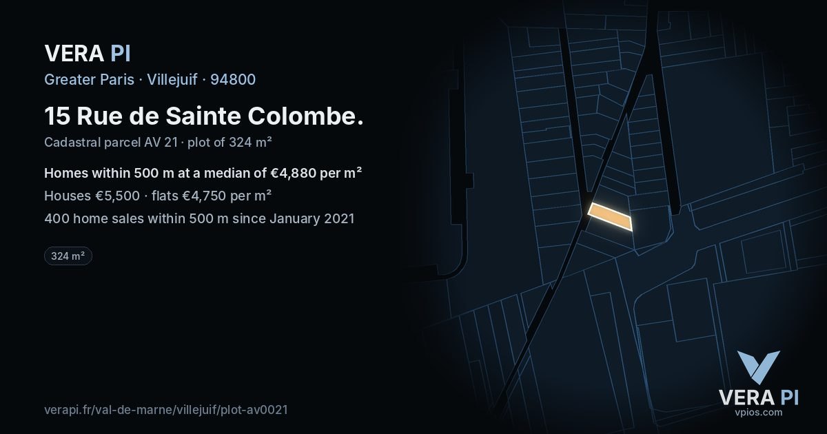 15 Rue de Sainte Colombe, Villejuif at night – the plot lit, the parcels around coloured by the prices near them