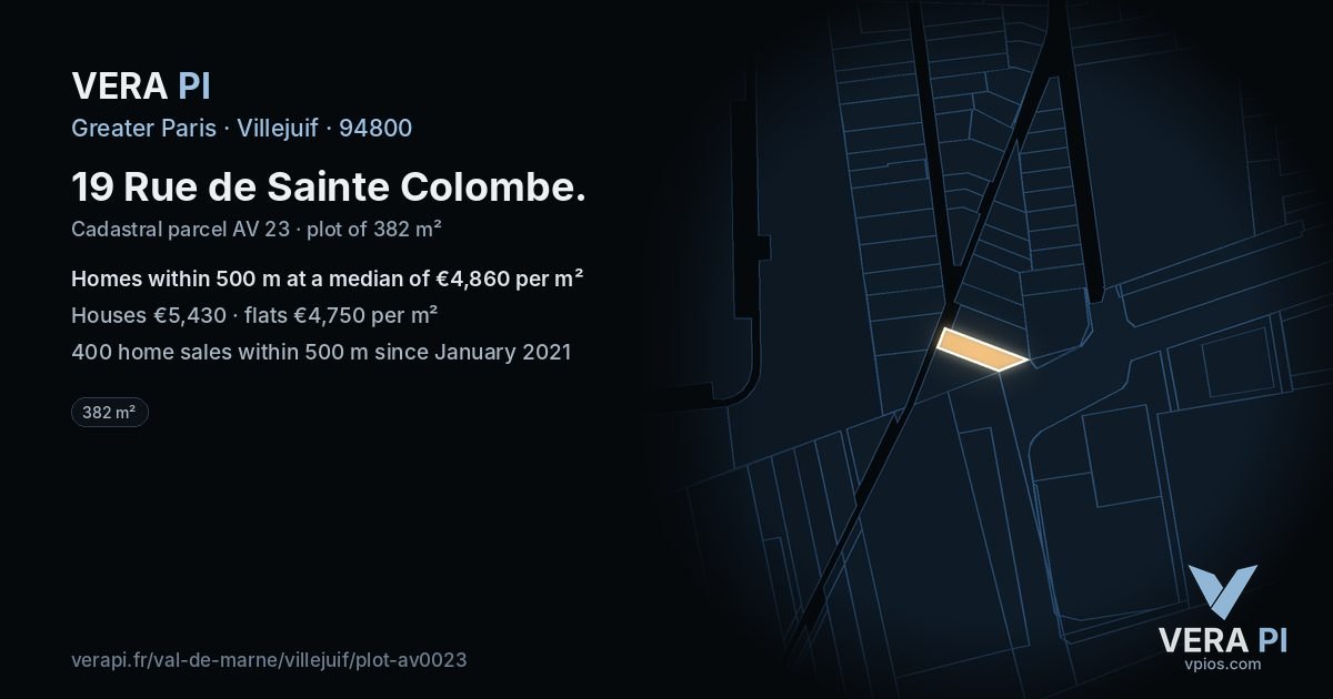 19 Rue de Sainte Colombe, Villejuif at night – the plot lit, the parcels around coloured by the prices near them