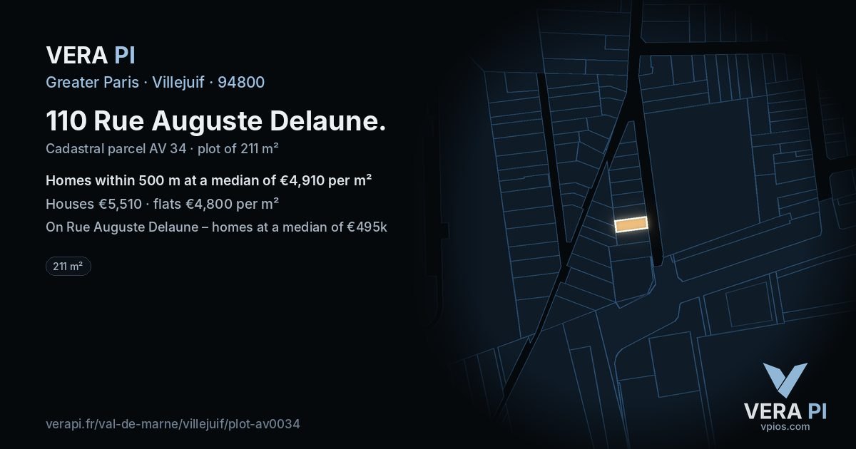 110 Rue Auguste Delaune, Villejuif at night – the plot lit, the parcels around coloured by the prices near them