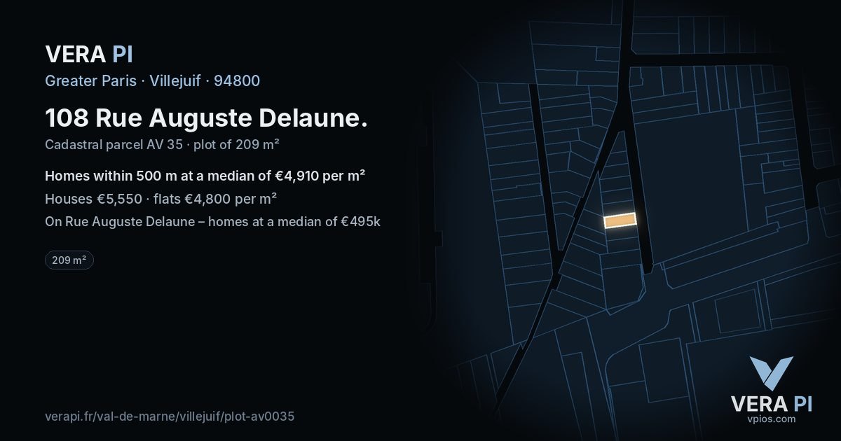 108 Rue Auguste Delaune, Villejuif at night – the plot lit, the parcels around coloured by the prices near them
