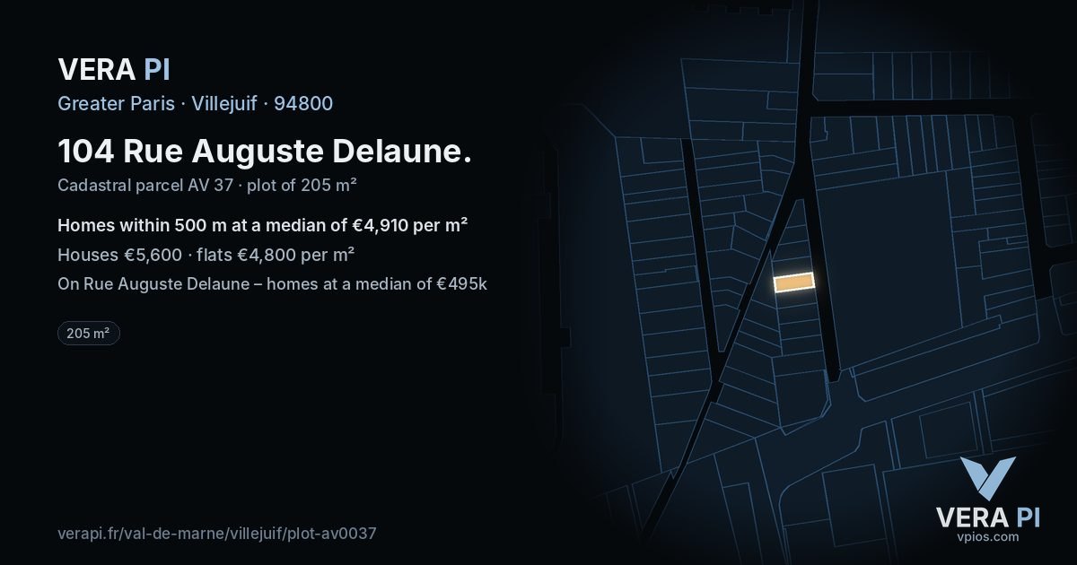104 Rue Auguste Delaune, Villejuif at night – the plot lit, the parcels around coloured by the prices near them