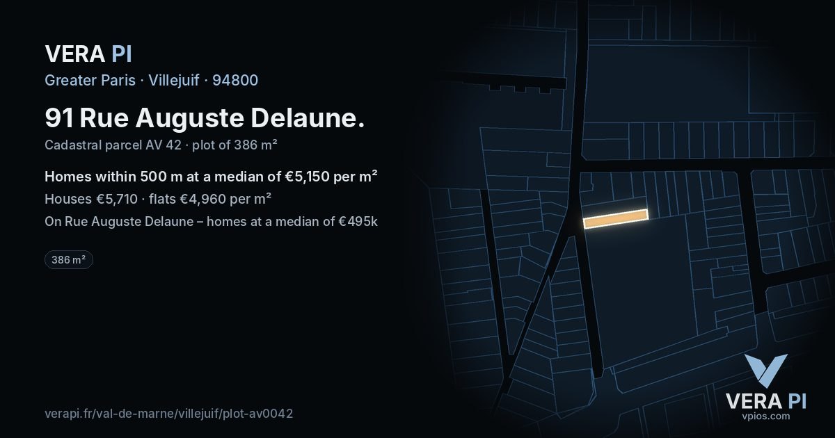 91 Rue Auguste Delaune, Villejuif at night – the plot lit, the parcels around coloured by the prices near them