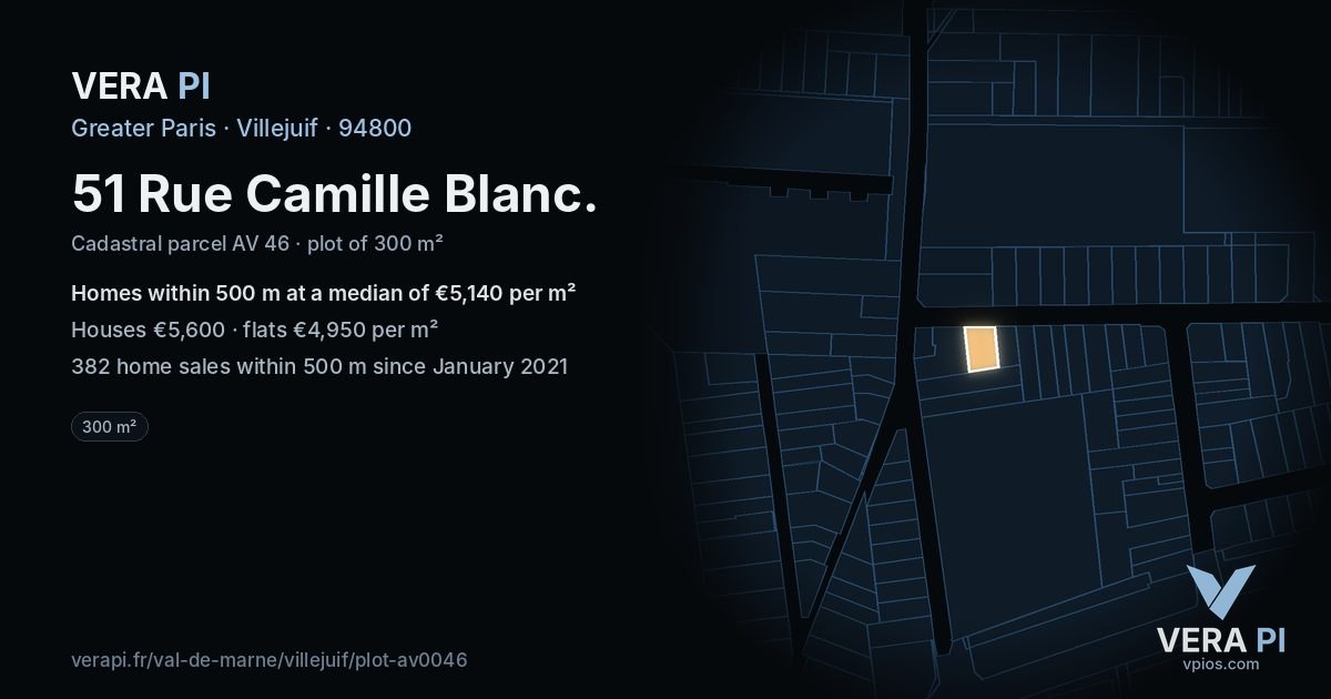 51 Rue Camille Blanc, Villejuif at night – the plot lit, the parcels around coloured by the prices near them