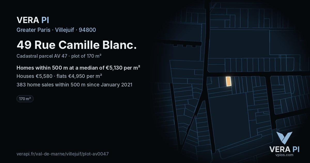 49 Rue Camille Blanc, Villejuif at night – the plot lit, the parcels around coloured by the prices near them