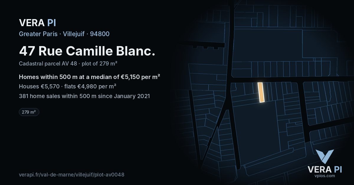 47 Rue Camille Blanc, Villejuif at night – the plot lit, the parcels around coloured by the prices near them