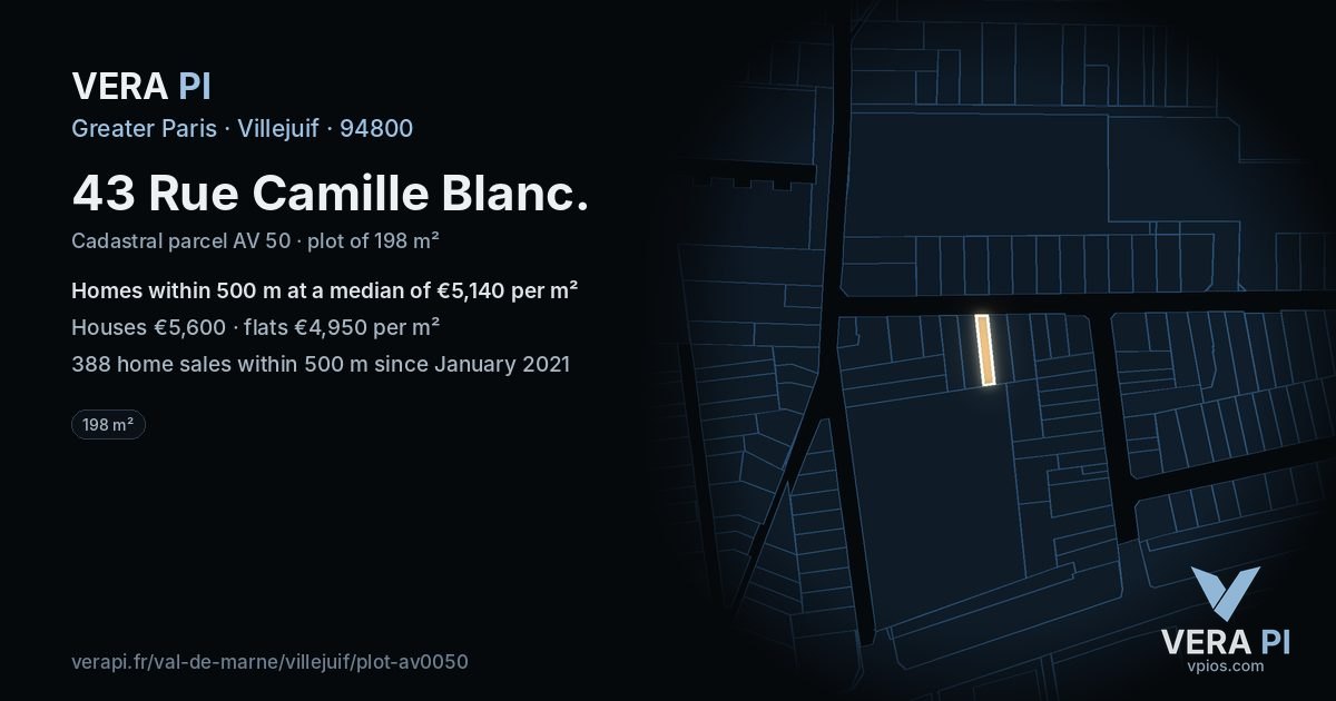 43 Rue Camille Blanc, Villejuif at night – the plot lit, the parcels around coloured by the prices near them