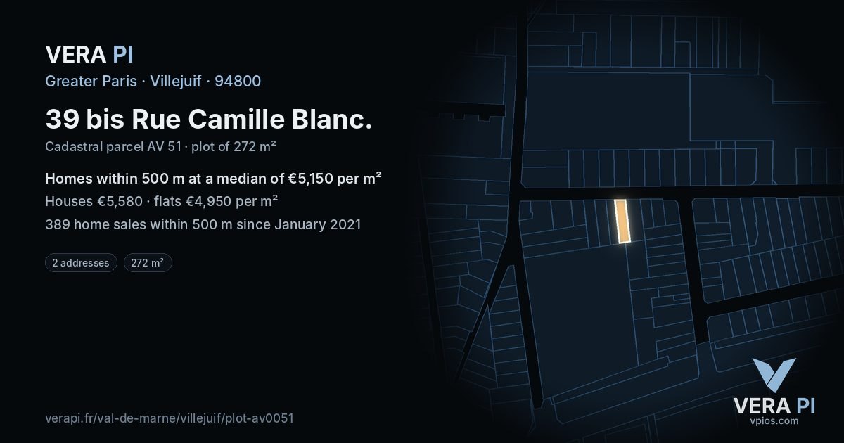 39 bis Rue Camille Blanc, Villejuif at night – the plot lit, the parcels around coloured by the prices near them