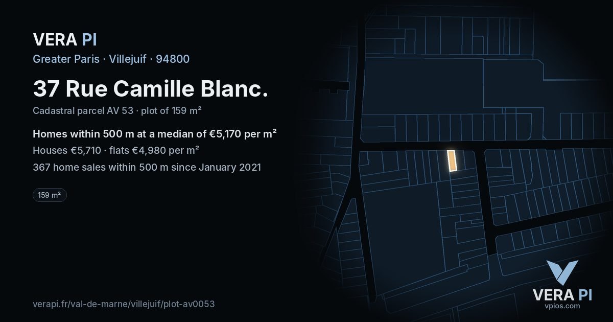 37 Rue Camille Blanc, Villejuif at night – the plot lit, the parcels around coloured by the prices near them