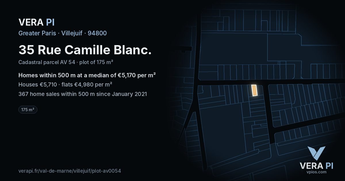 35 Rue Camille Blanc, Villejuif at night – the plot lit, the parcels around coloured by the prices near them