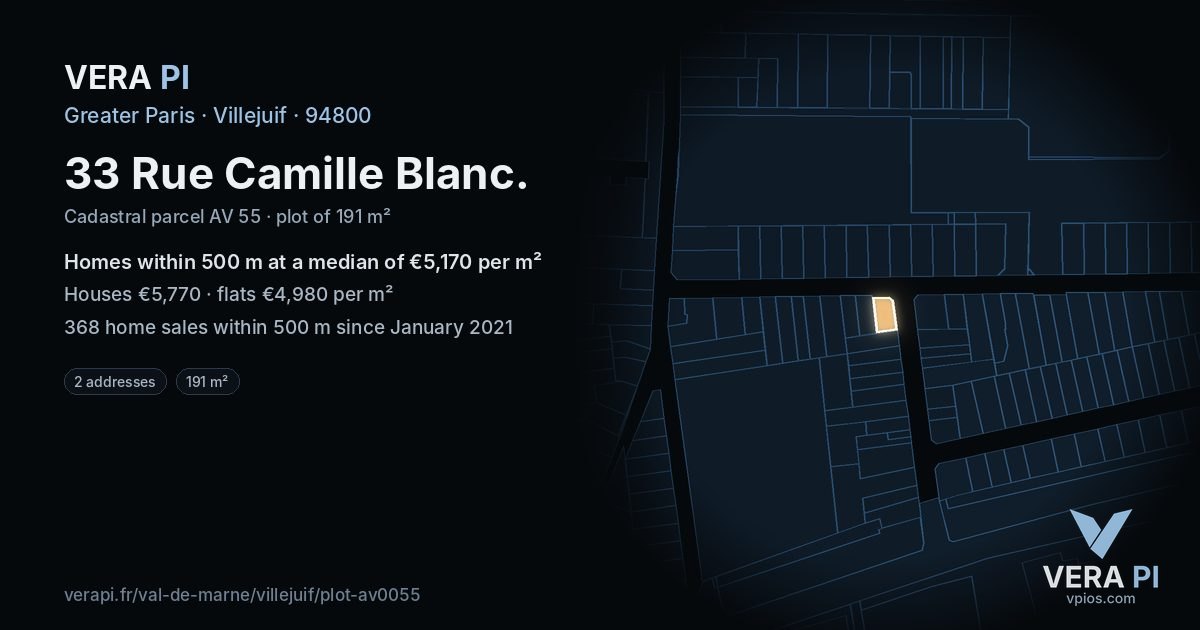 33 Rue Camille Blanc, Villejuif at night – the plot lit, the parcels around coloured by the prices near them