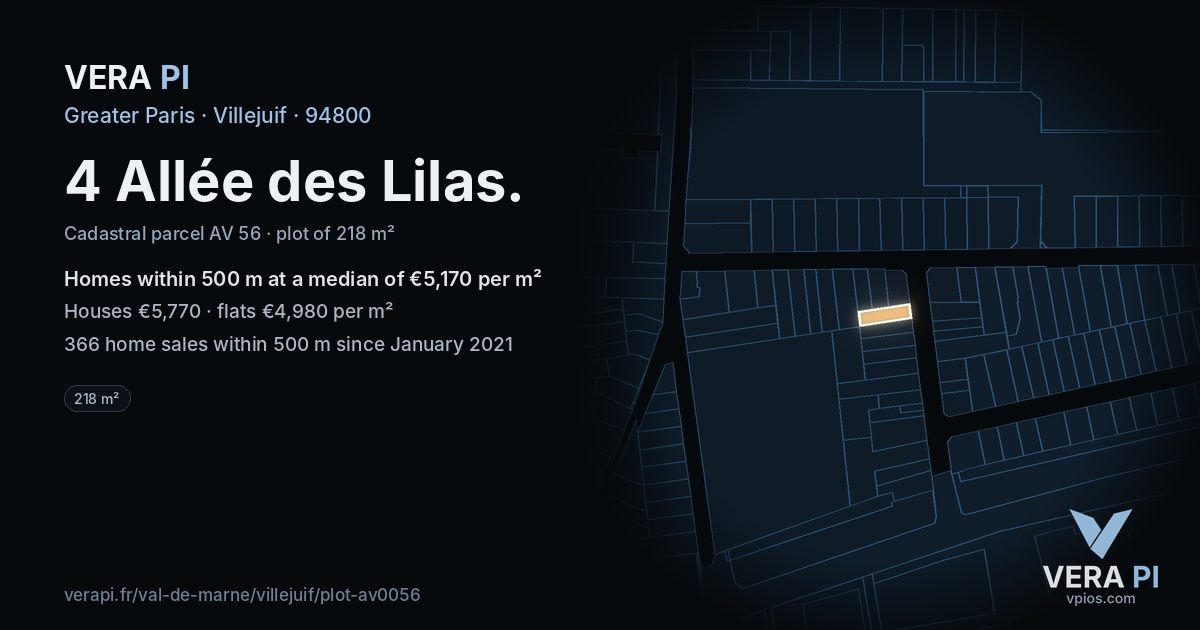 4 Allée des Lilas, Villejuif at night – the plot lit, the parcels around coloured by the prices near them