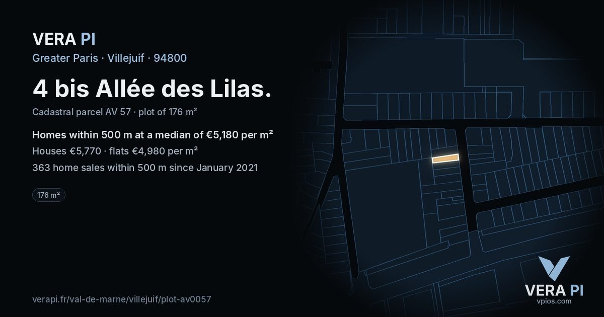 4 bis Allée des Lilas, Villejuif at night – the plot lit, the parcels around coloured by the prices near them