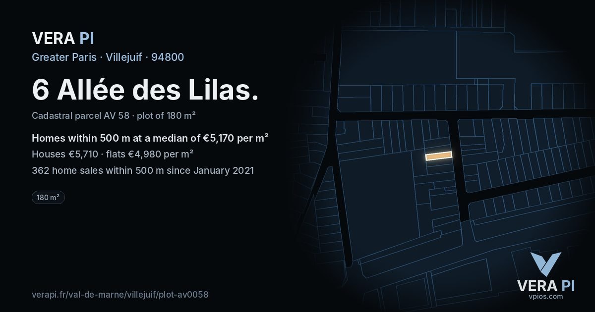 6 Allée des Lilas, Villejuif at night – the plot lit, the parcels around coloured by the prices near them
