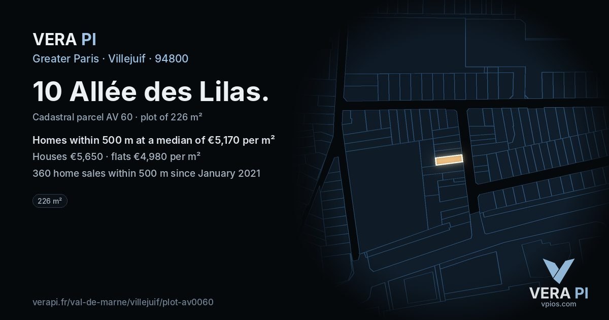 10 Allée des Lilas, Villejuif at night – the plot lit, the parcels around coloured by the prices near them