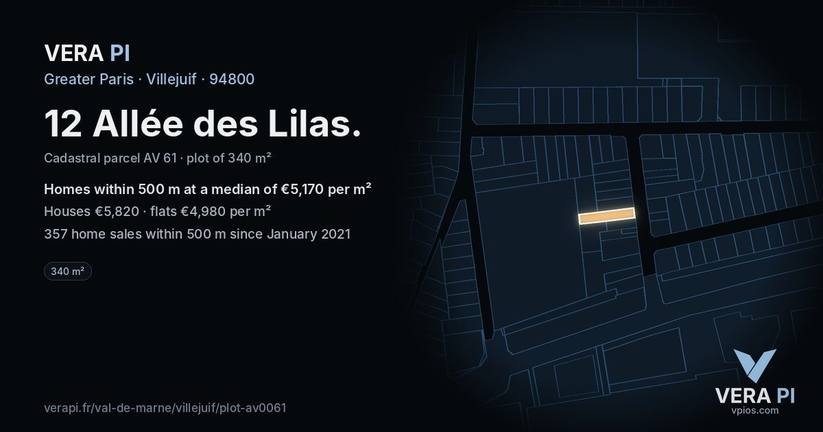 12 Allée des Lilas, Villejuif at night – the plot lit, the parcels around coloured by the prices near them