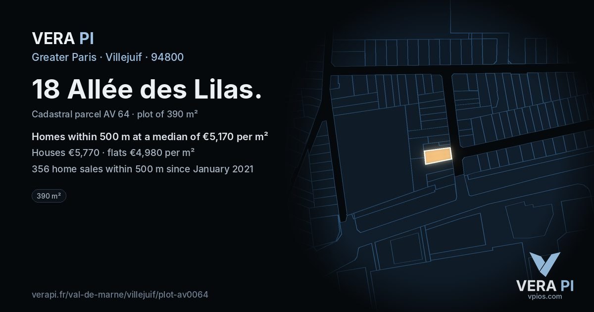 18 Allée des Lilas, Villejuif at night – the plot lit, the parcels around coloured by the prices near them